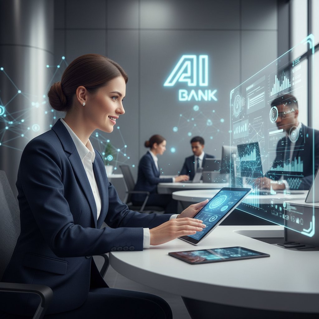 Zespół pracowników banku, lekarz i nauczyciel korzystający z AI podczas codziennych obowiązków