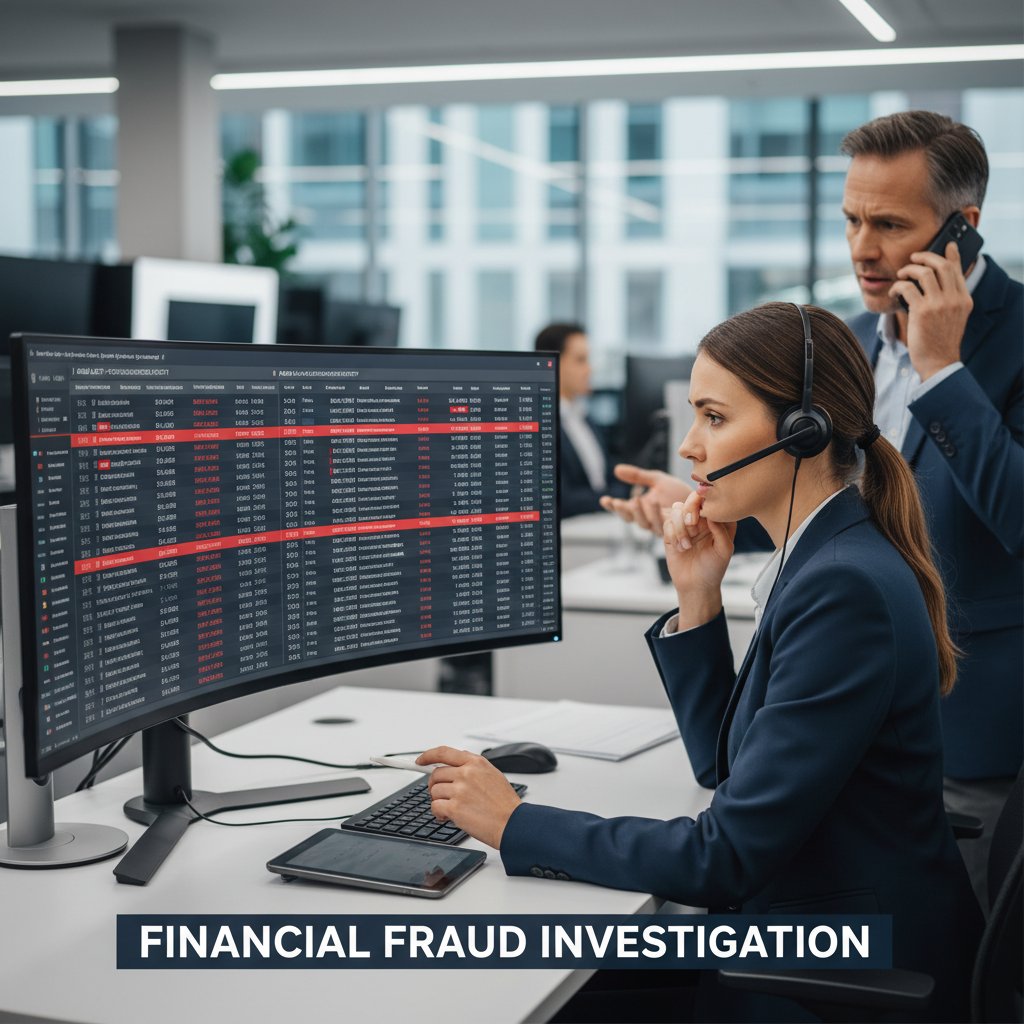 Pracownik banku rozmawia z klientem przez słuchawkę, otwarty laptop z danymi transakcji na ekranie