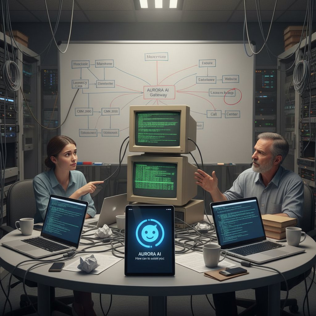 Banking IT team integrating AI chatbot with legacy core system, illustrating digital transformation chaos