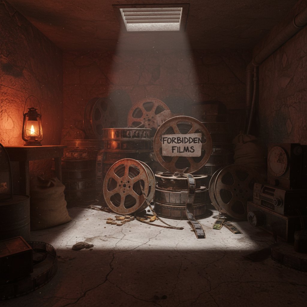 Banned film reels being projected in a clandestine space with moody lighting, symbolizing the secretive history of queer cinema