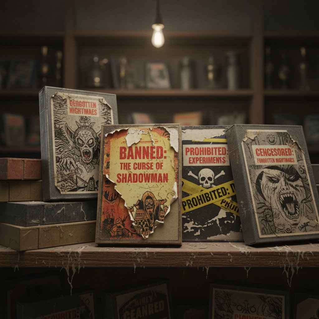 Stack of banned horror movie tapes from the 1980s, featuring extreme horror VHS covers and vintage labels