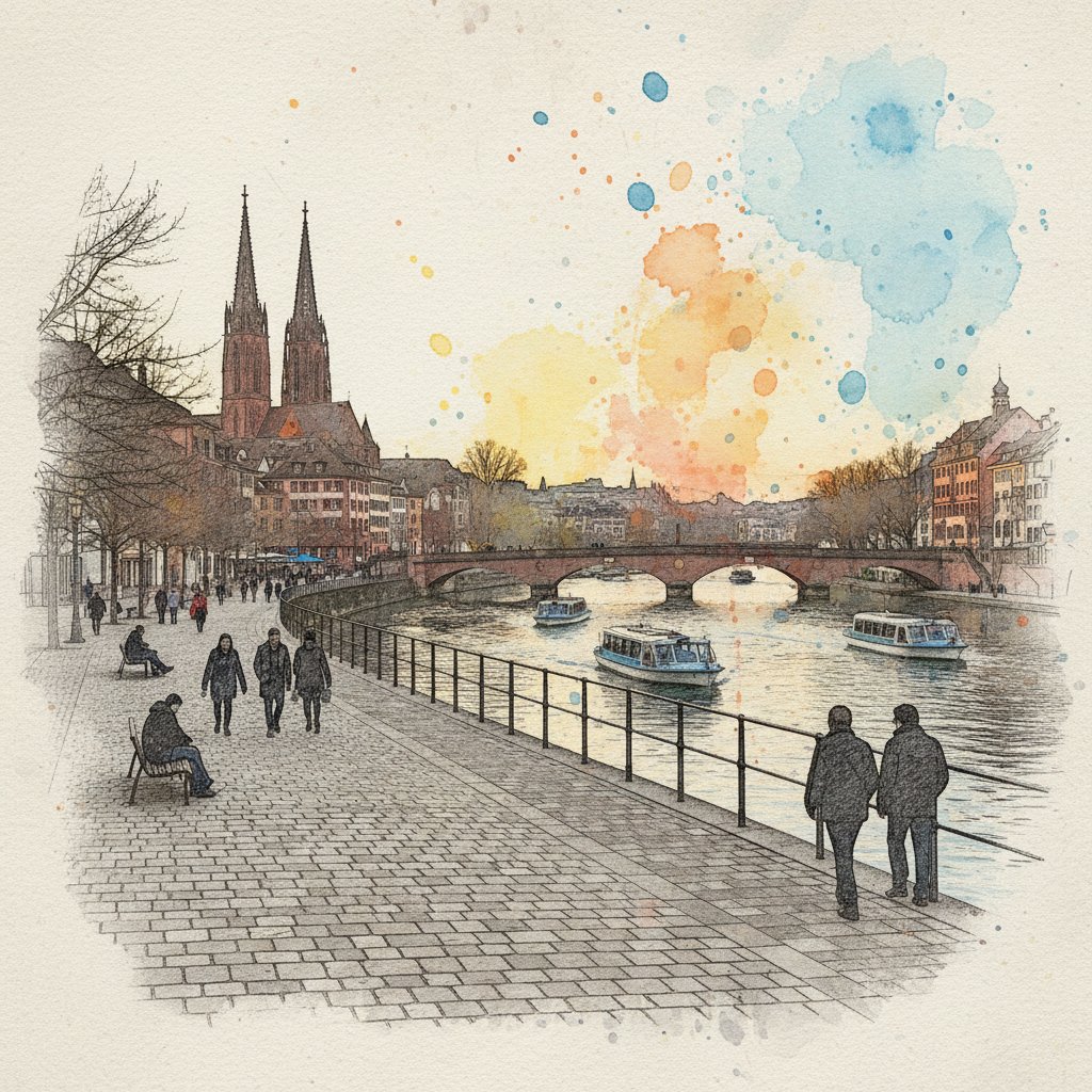 Travelers walking along the Rhine river in Basel, artistic photo capturing city vibe