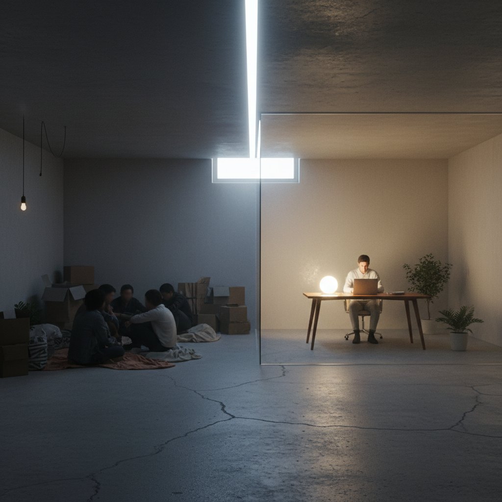 Basement scene symbolizing social stratification in movies, inspired by Parasite, minimalist lighting