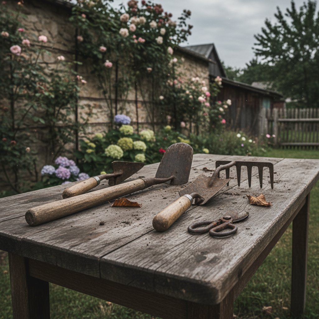 Podstawowe narzędzia ogrodnicze na starym stole w polskim ogrodzie