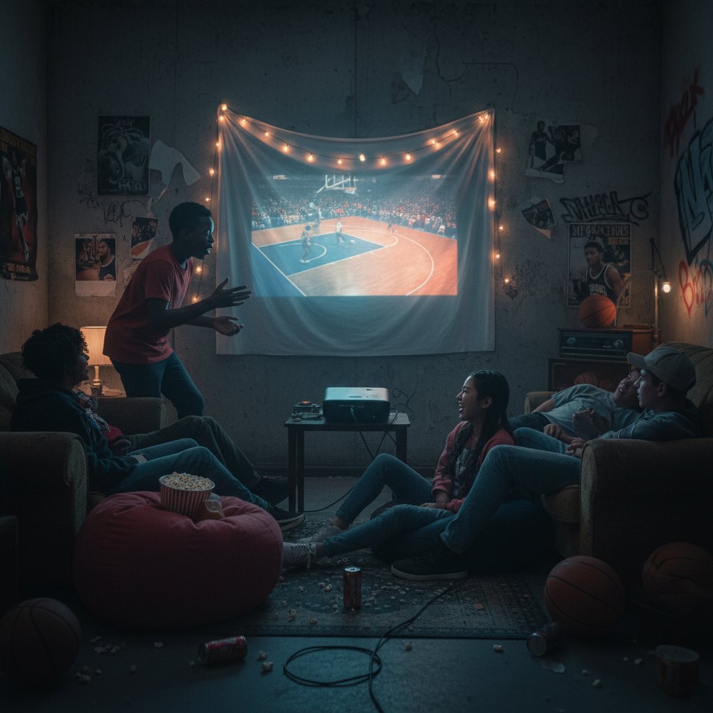 Diverse group of teenagers engrossed in a gritty basketball movie in a moody home theater, reflecting cultural impact of basketball movies