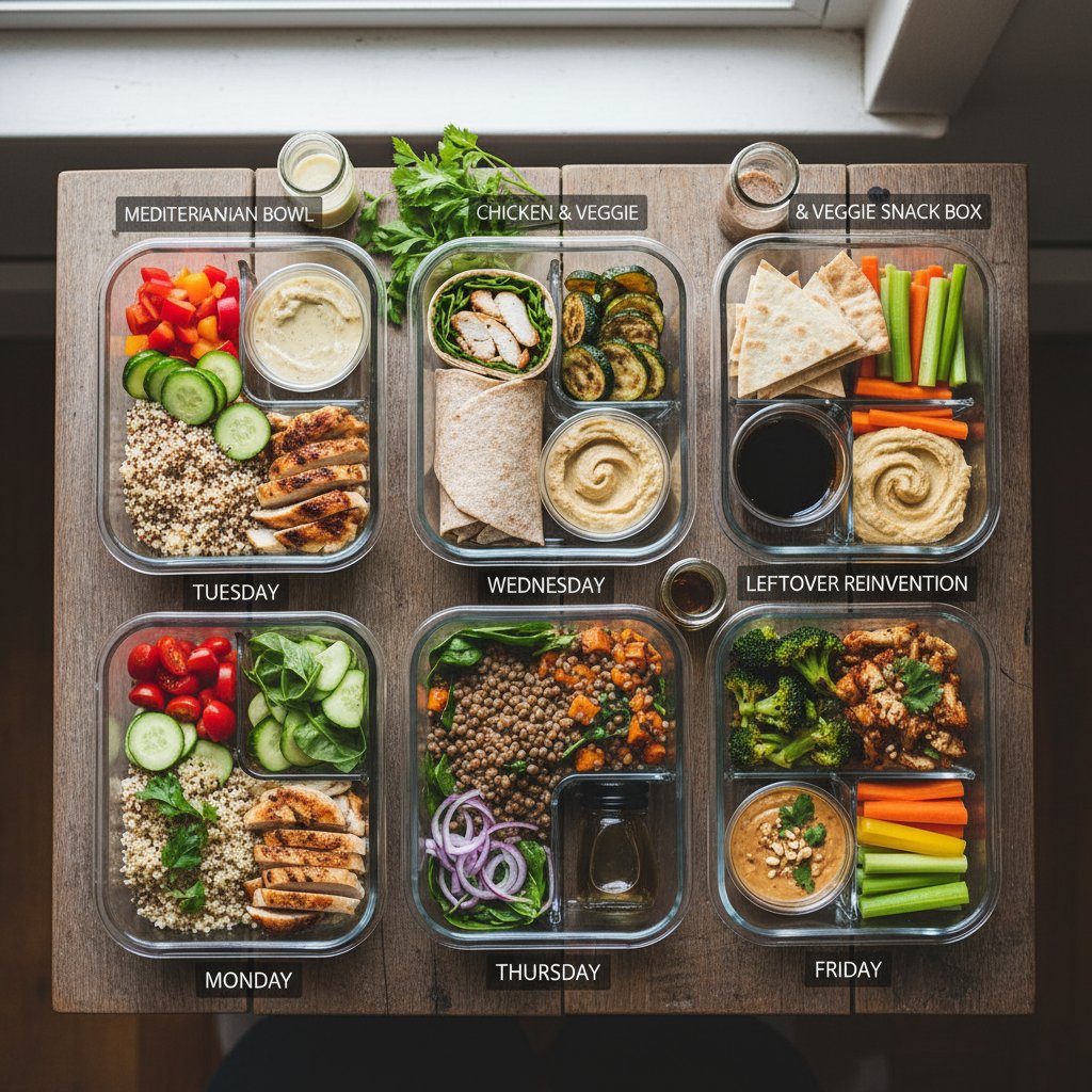 Kuchnia z przygotowanymi pojemnikami na lunch, różnorodne posiłki gotowe do zabrania