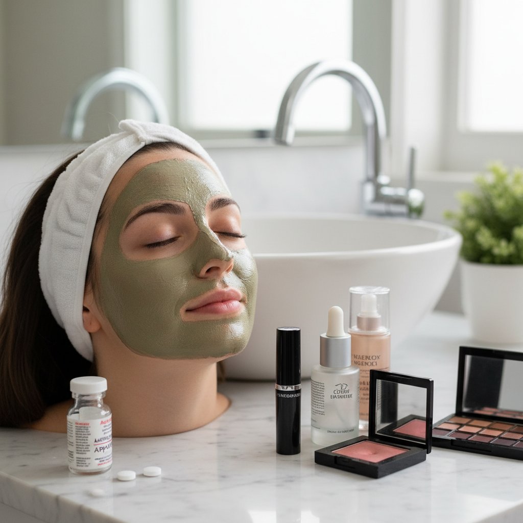 Łazienka, młoda osoba nakłada maseczkę na twarz, na blacie rozkruszona tabletka, słowa kluczowe: aspiryna w kosmetyce, pielęgnacja skóry, domowe zabiegi