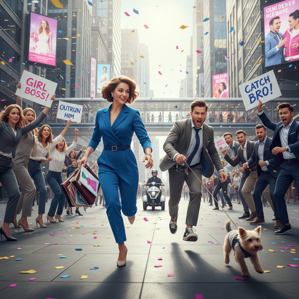 Battle of the sexes in screwball style, modern actors chase scene, energetic, representing gender roles in screwball comedy movies