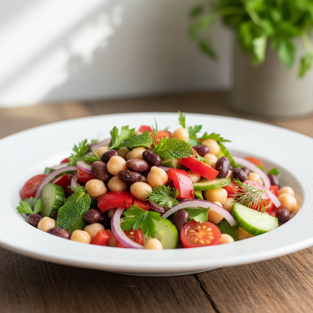 Pięknie podana sałatka z fasolą, warzywa, świeże zioła, minimalistyczny talerz