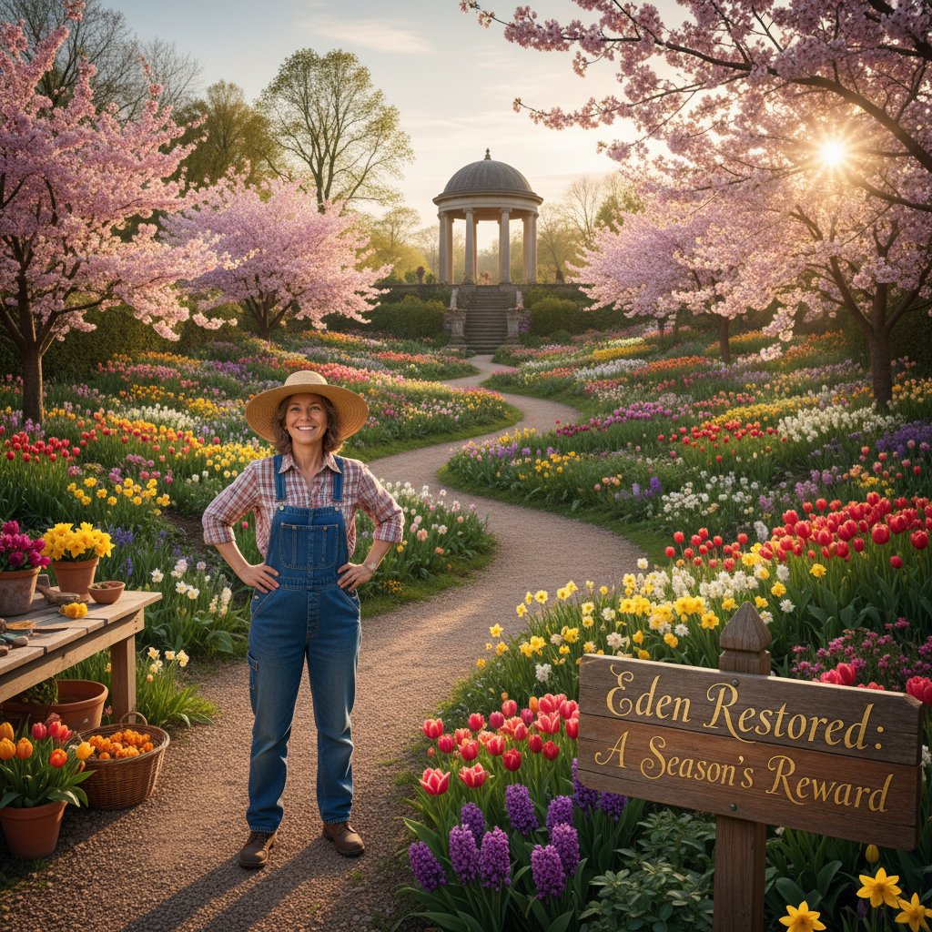 Piękny wiosenny ogród, zadowolony ogrodnik patrzy z dumą na efekty pracy