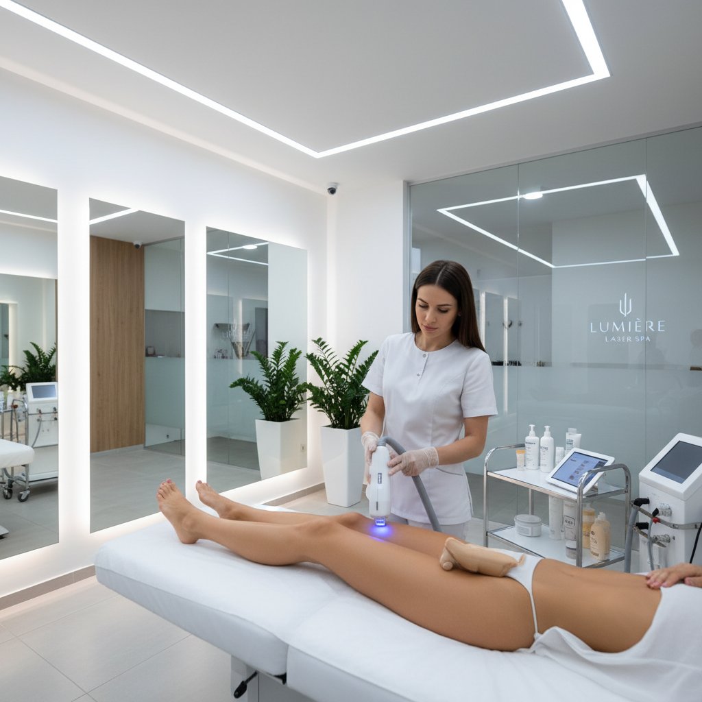 Salon kosmetyczny z nowoczesnym laserem, zabieg depilacji na nogach, profesjonalny personel