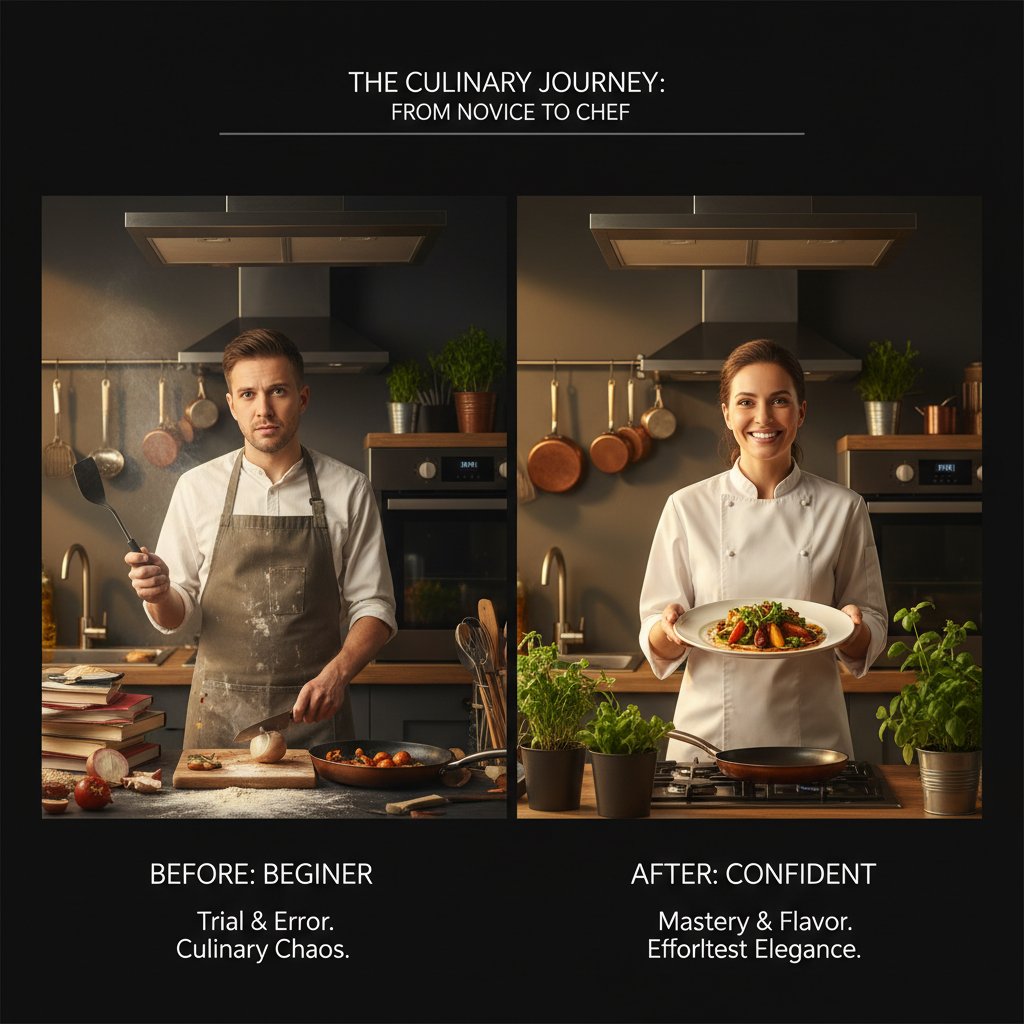 Sekwencja przed i po: od początkującego do pewnego siebie kucharza