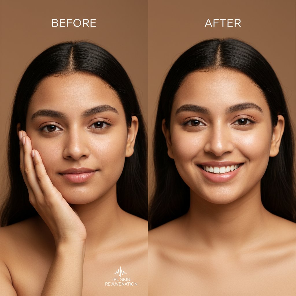 Przed i po: młoda osoba z gładką skórą, wyraźna różnica w pewności siebie po serii zabiegów IPL