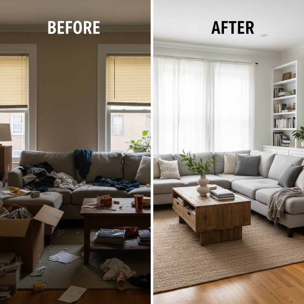 Motywujące zdjęcie przed i po przemianie w domowym wnętrzu