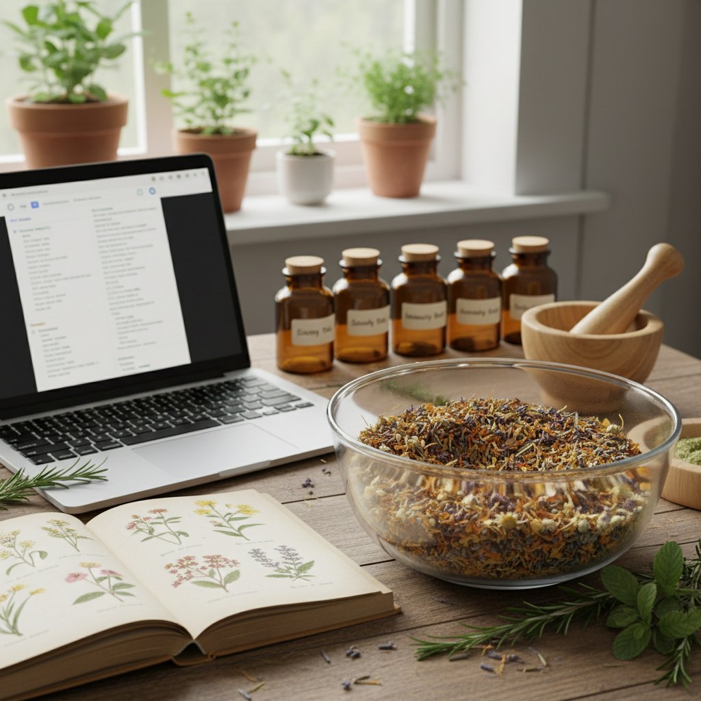 Początkujący użytkownik w domowej kuchni przygotowuje prostą miksturę ziołową, otwarta książka z przepisem i laptop