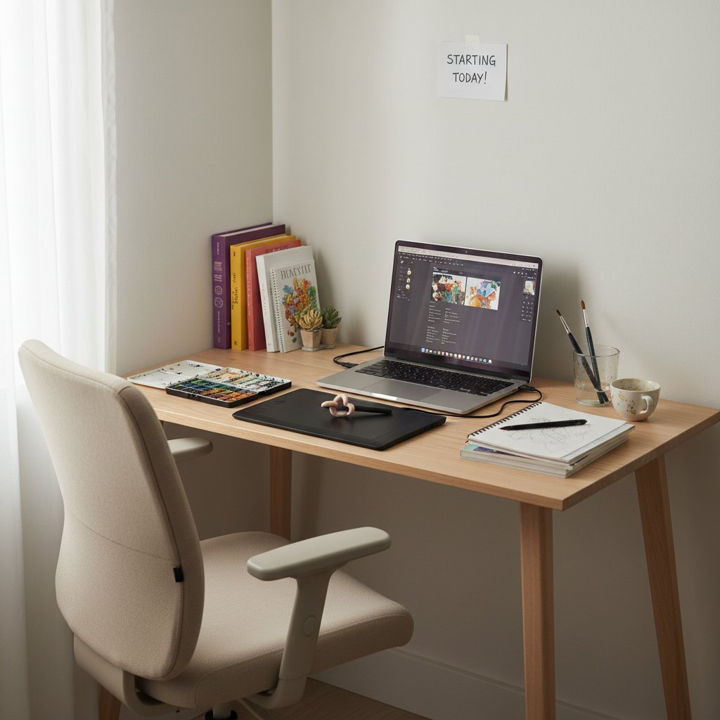 Początkujący artysta zaczyna naukę malowania online przy prostym biurku