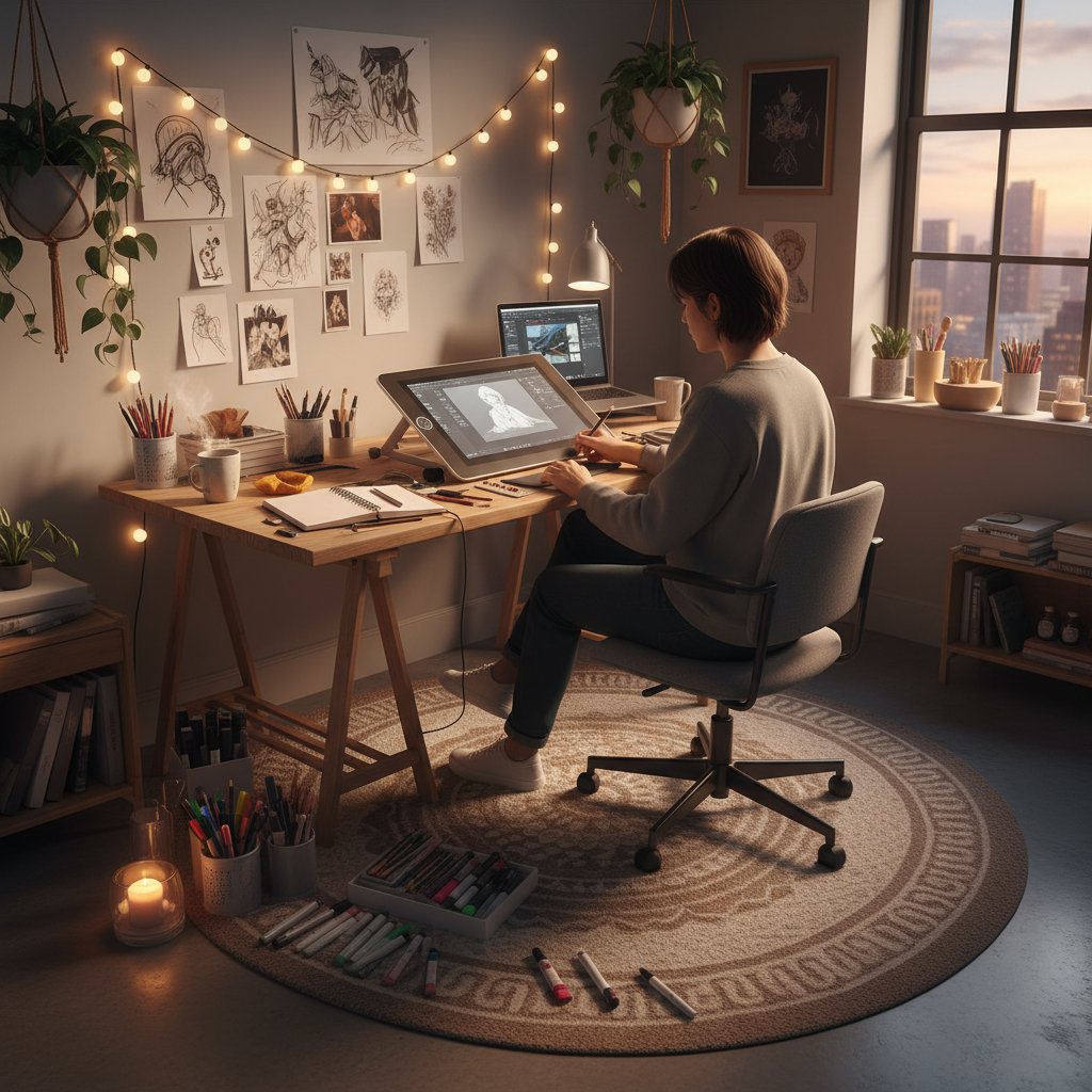 Młody artysta zaczynający pracę nad grafiką cyfrową, na biurku tablet, laptop i notatnik, inspirujące wnętrze