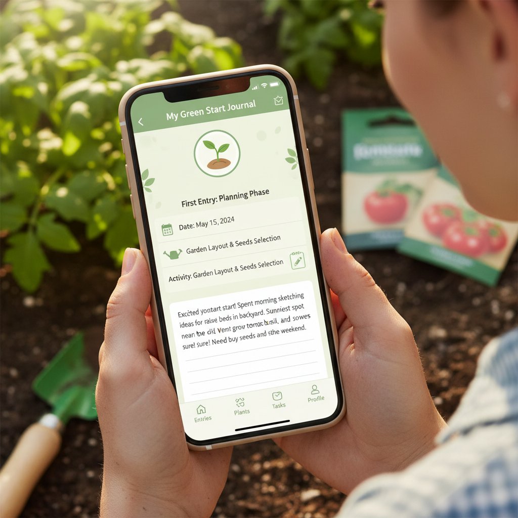 Początkujący ogrodnik z telefonem w ręku, robi pierwszy wpis do aplikacji w ogrodzie