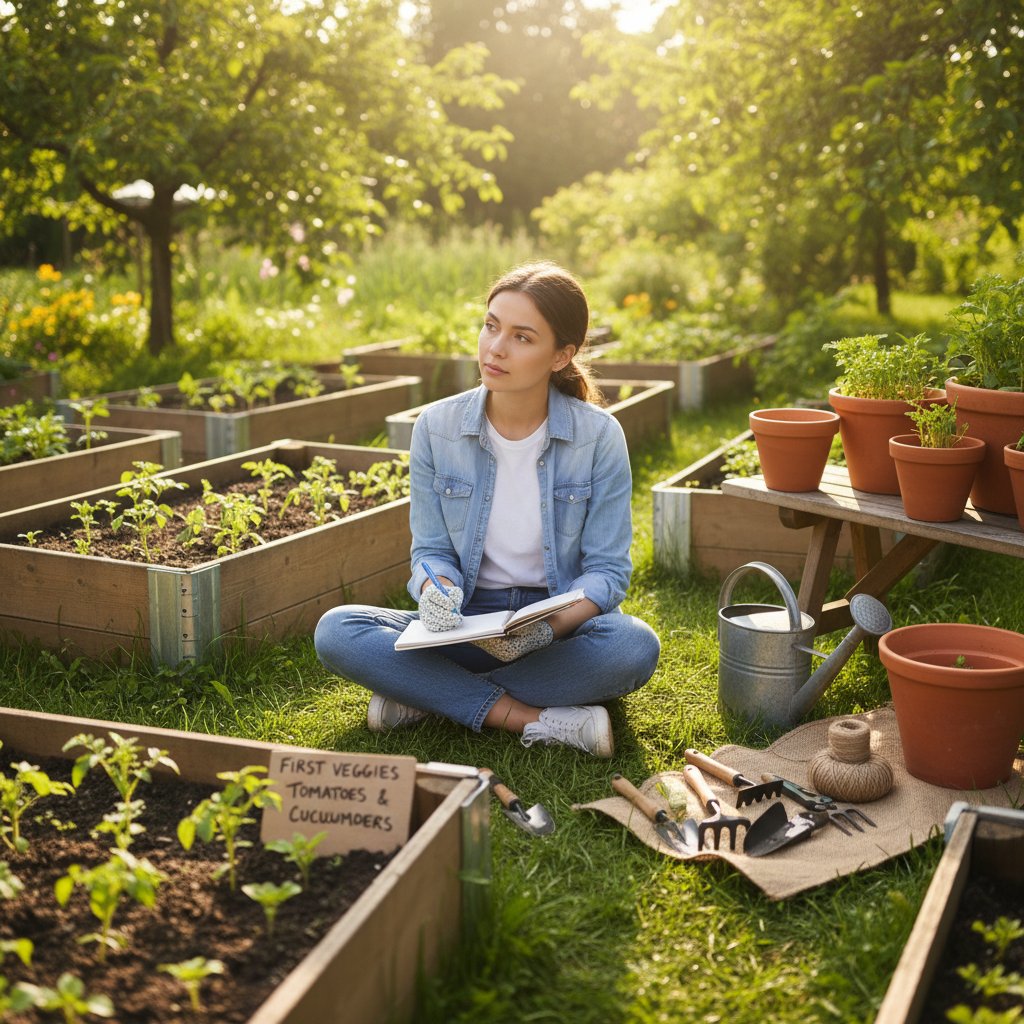 Początkujący ogrodnik z notatnikiem przy grządkach, w tle doniczki i narzędzia, jasne światło