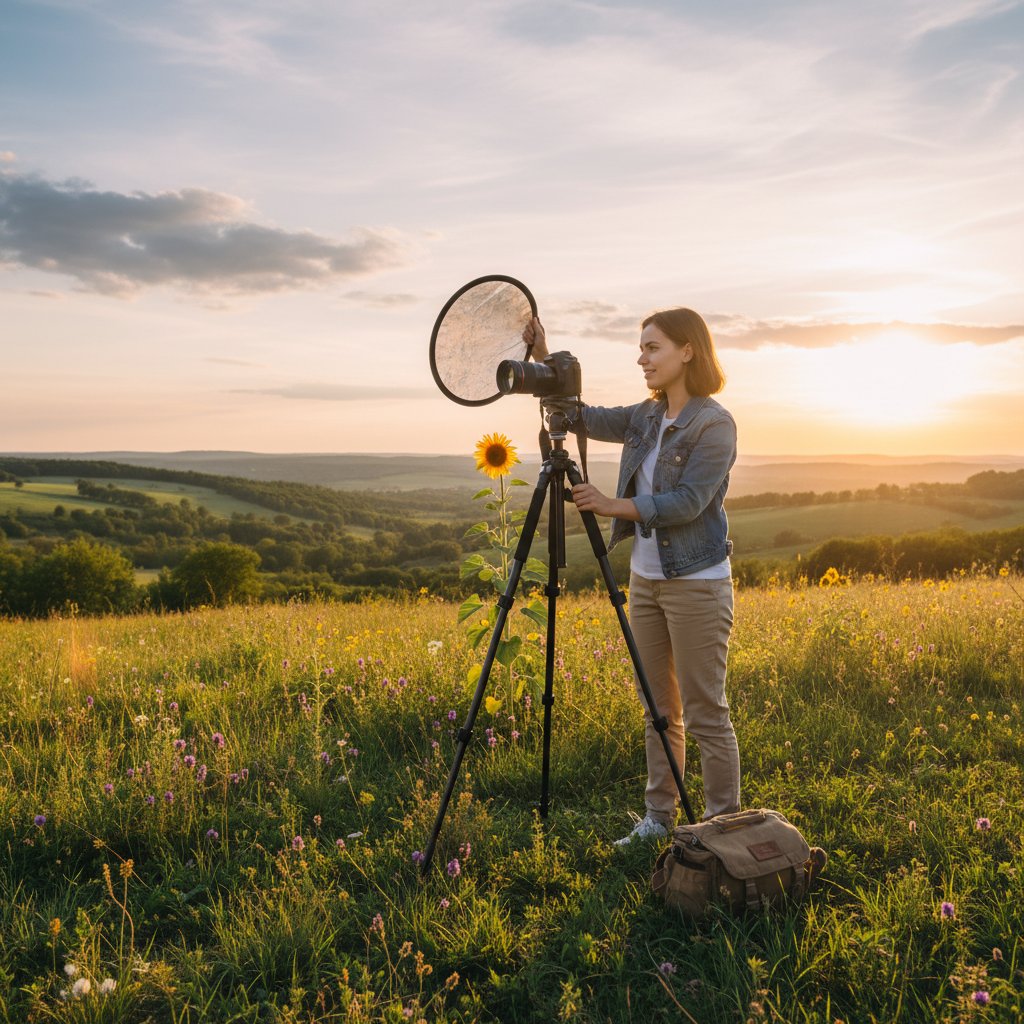 Amator fotografii podczas pierwszego pleneru ze statywem i blendą