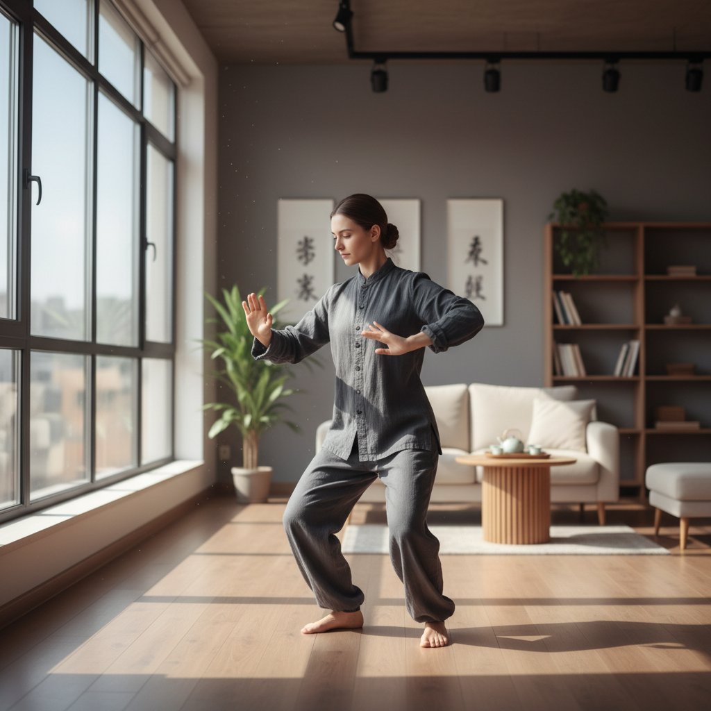 Początkujący ćwiczy tai chi w mieszkaniu, skupienie na ruchu, naturalne światło