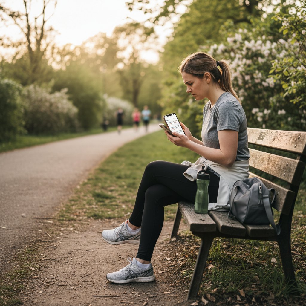 Zdjęcie początkującego biegacza analizującego plan treningowy na ławce w parku, słowa kluczowe: plan treningowy, pierwsze kroki w bieganiu