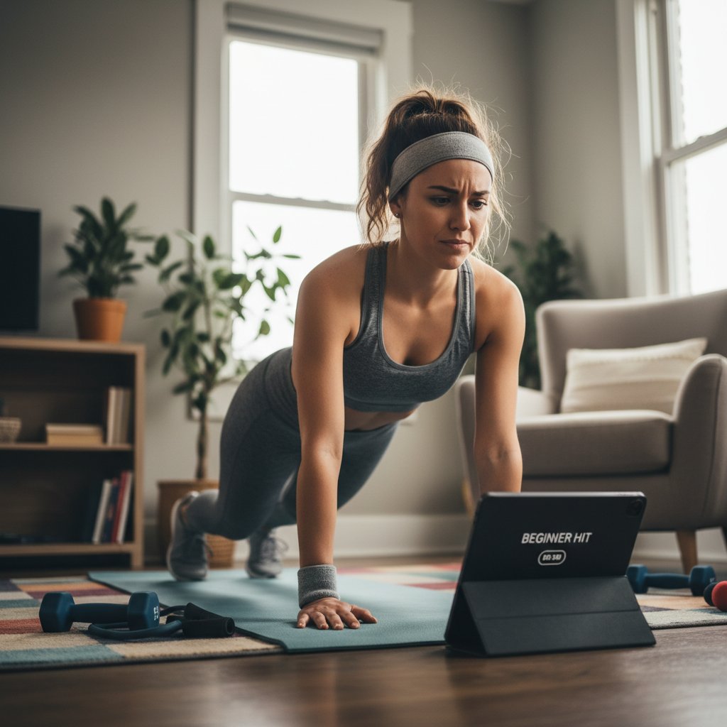 Początkujący podczas pierwszego HIIT w domu — nerwy i determinacja