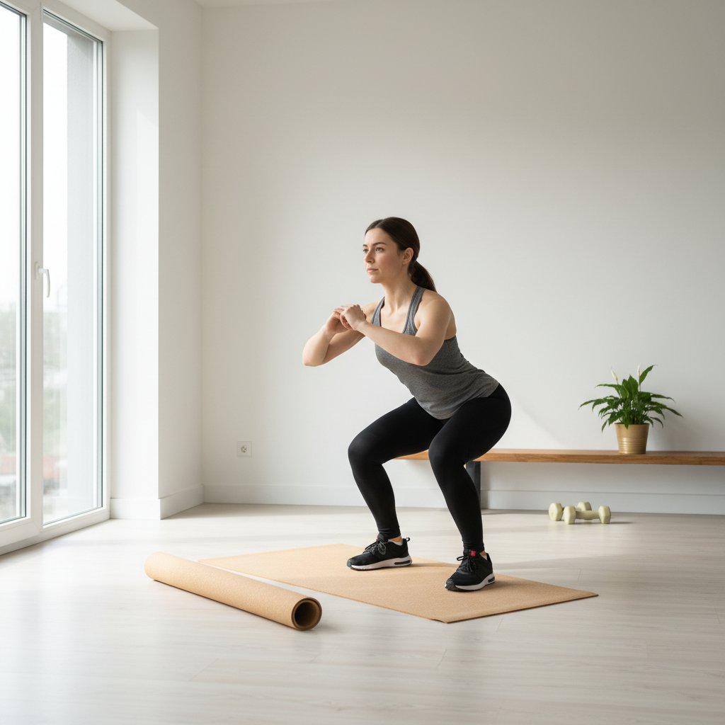 Początkująca kobieta wykonująca przysiady w domowym salonie, wyraźna koncentracja, minimalistyczne wnętrze