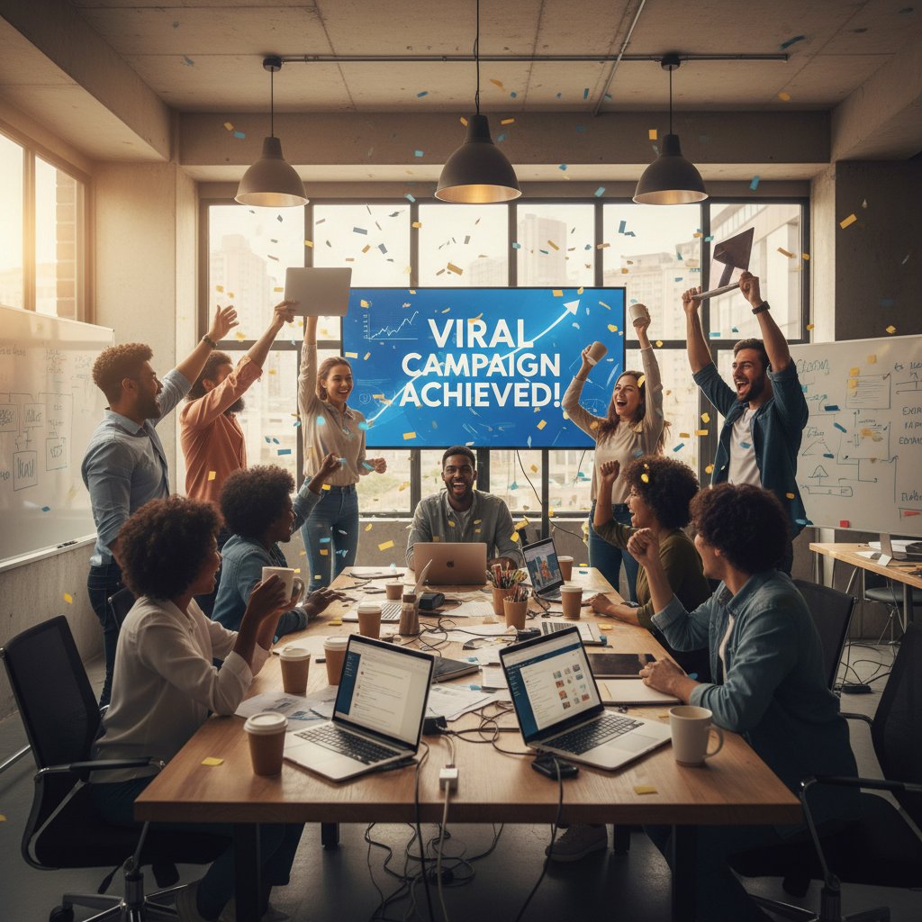 Kulisy pracy zespołu agencji świętującego sukces wiralowego posta przy laptopach i kawie, skuteczne treści społecznościowe