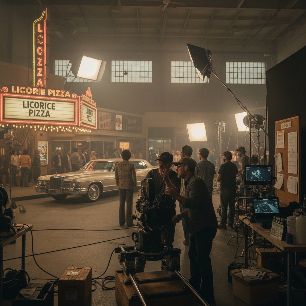 Behind-the-scenes photo of actors, film crew, gears, and director organizing chaos on Paul Thomas Anderson set, 16:9