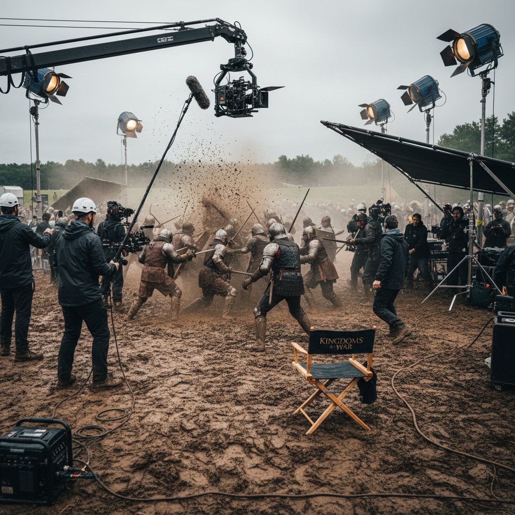 Behind-the-scenes photo of muddy chaotic medieval battle set, realism in filmmaking