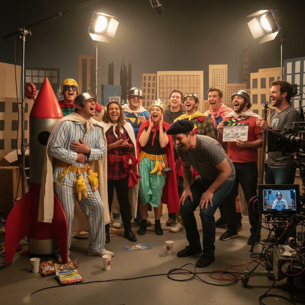 Director and actors in comedic superhero outfits laughing between takes behind the scenes spoof movie