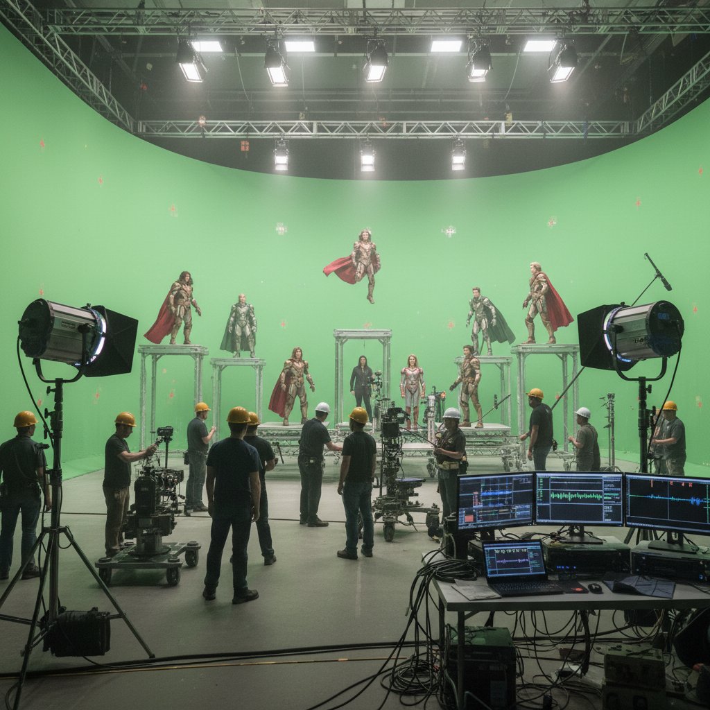Behind-the-scenes photo of a movie set with actors frozen mid-motion, surrounded by green screens and technical gear, showing the technical challenges of time-stop effects