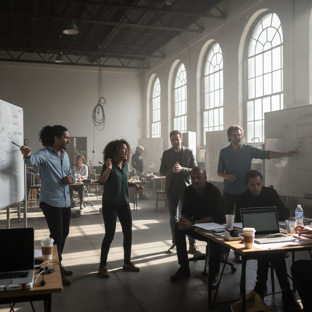 Multicultural writing team brainstorming in a film studio