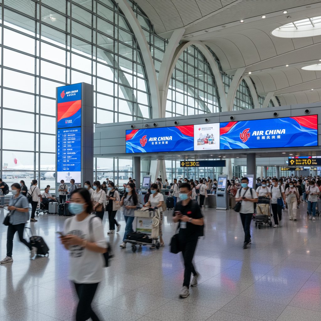 Bustling Beijing Capital Airport terminal with Air China branding and masked travelers.