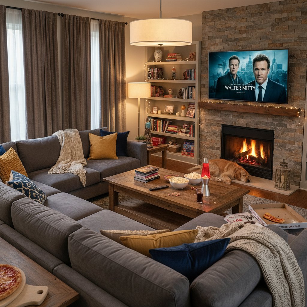 Photo of a cozy living room set up for a movie marathon with Ben Stiller films on the TV.