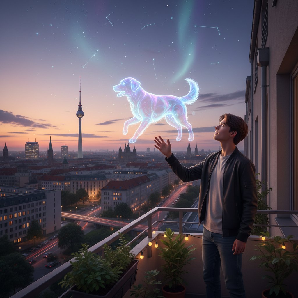 Abendstimmung auf Berliner Balkon, junge Person mit leuchtendem Holo-Hund, Skyline im Hintergrund, Hoffnung und Neugier