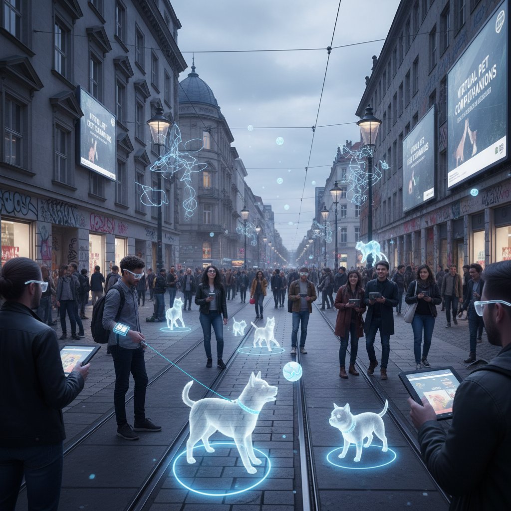 Stadtleben in Berlin mit Menschen, die mit virtuellen Hunden auf verschiedenen Geräten interagieren