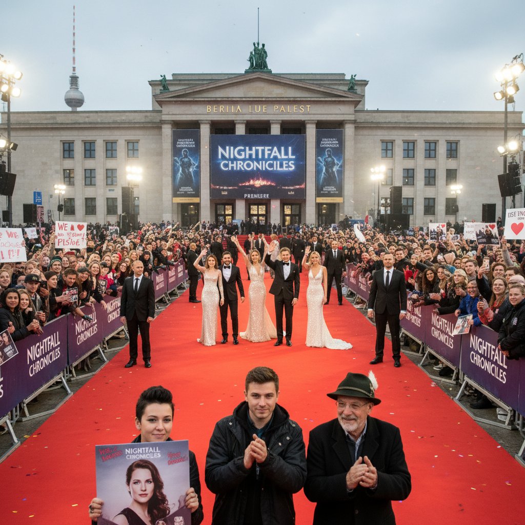 Fans at a German movie premiere, Berlin city center, vibrant night energy, diverse crowd