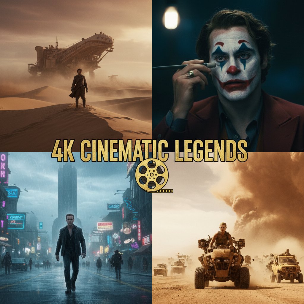 Best 4K movies collage, dramatic stills from Dune, Blade Runner, animation