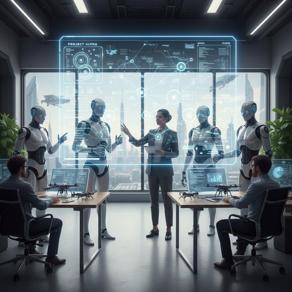 Human and AI collaboration in project management, robot and human arm over project plan, best ai tools for project management