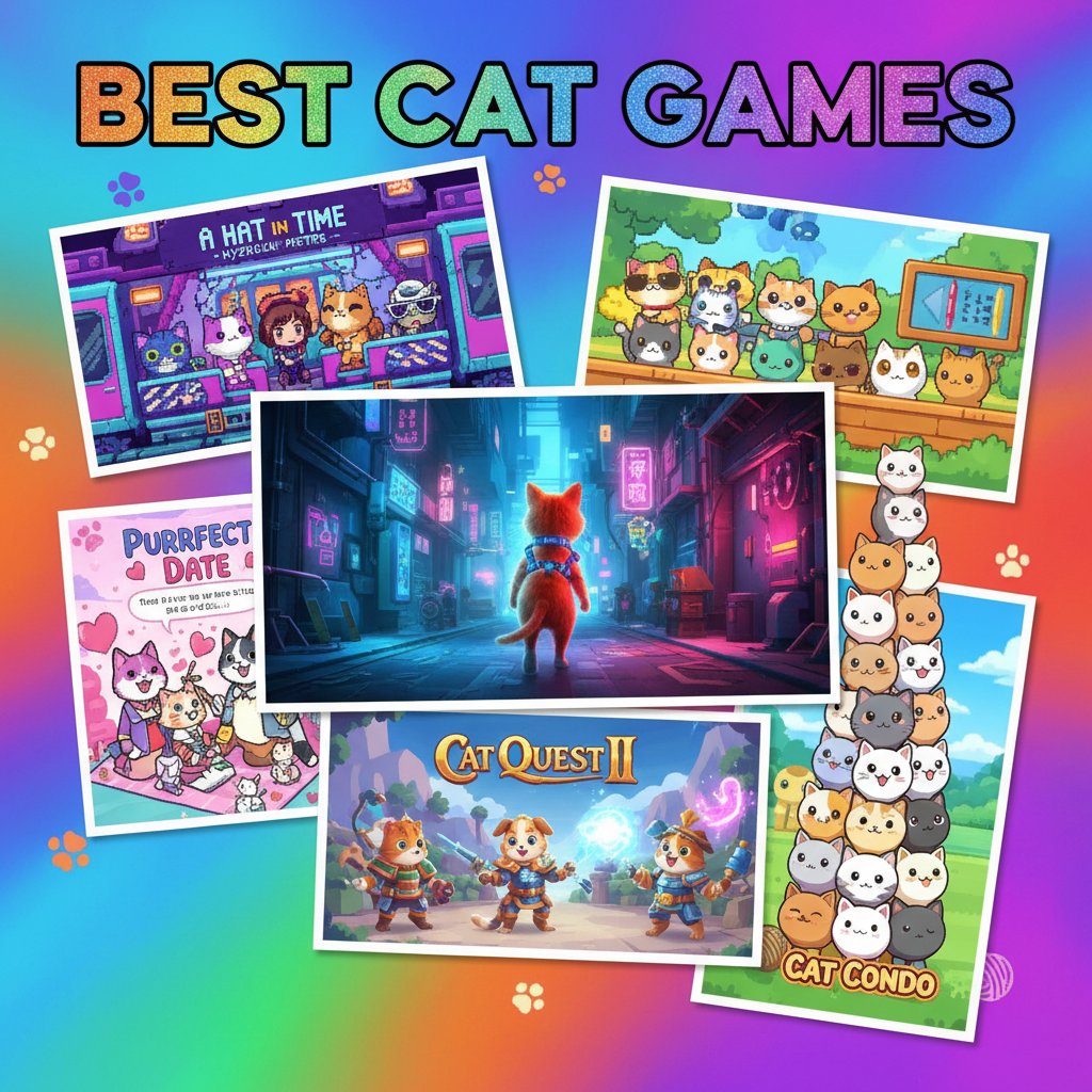 Kolorowy kolaż ekranów z najlepszymi grami z kotem, od klasycznych do nowoczesnych symulatorów