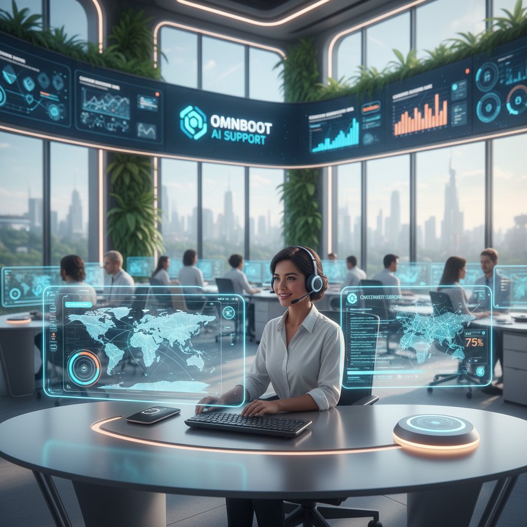 Modern support agent at dusk surrounded by futuristic AI interfaces, symbolizing automation tension