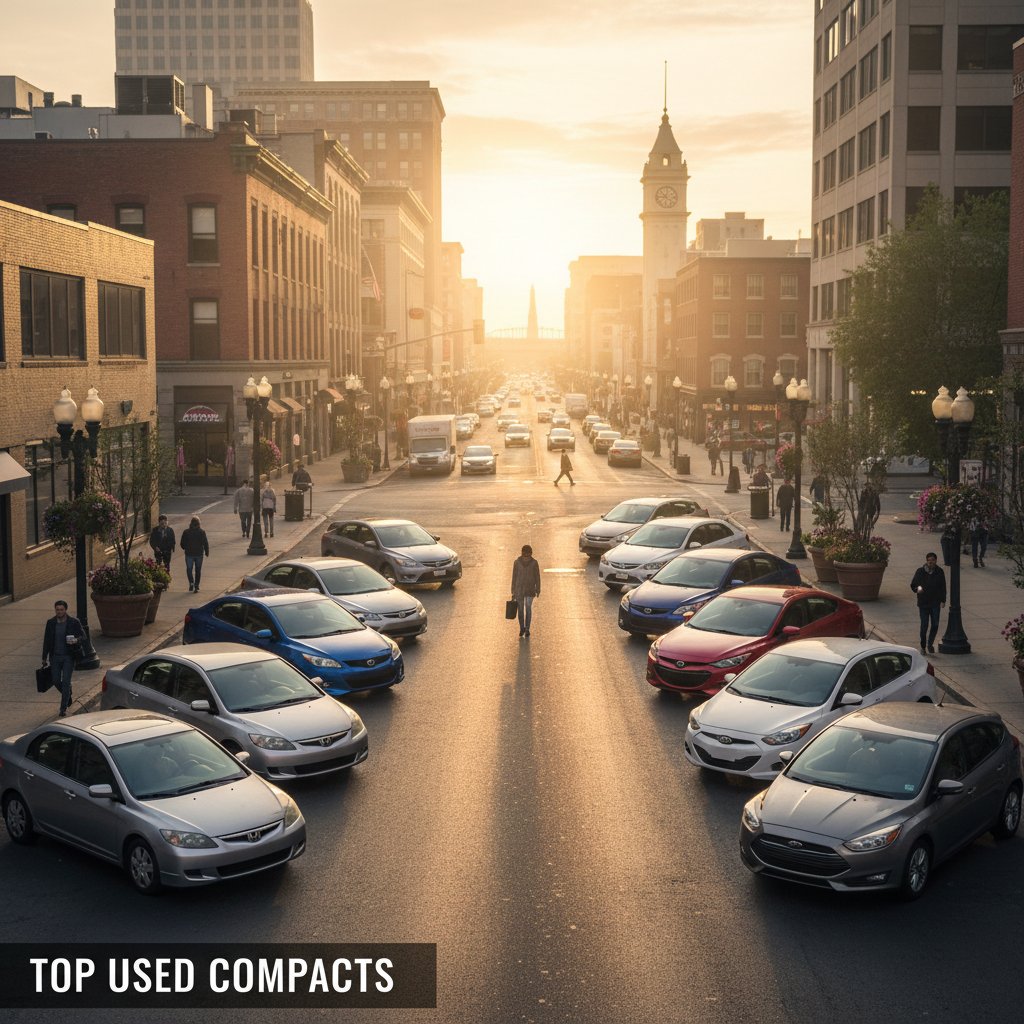 Lineup of best-selling compact used cars on city street.