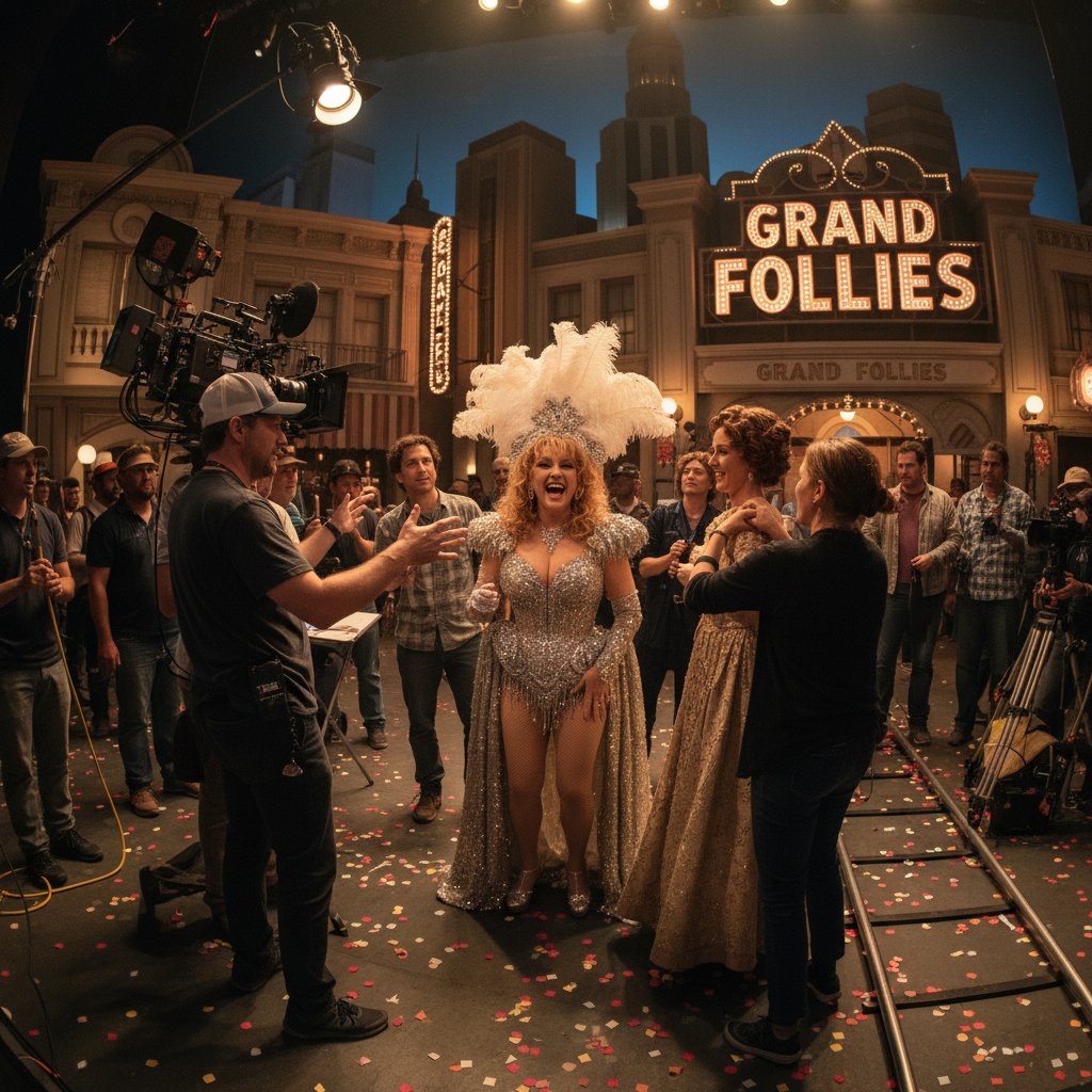 Dynamic candid photo of Bette Midler with frequent collaborators, illustrating the camaraderie and creative energy of her film sets