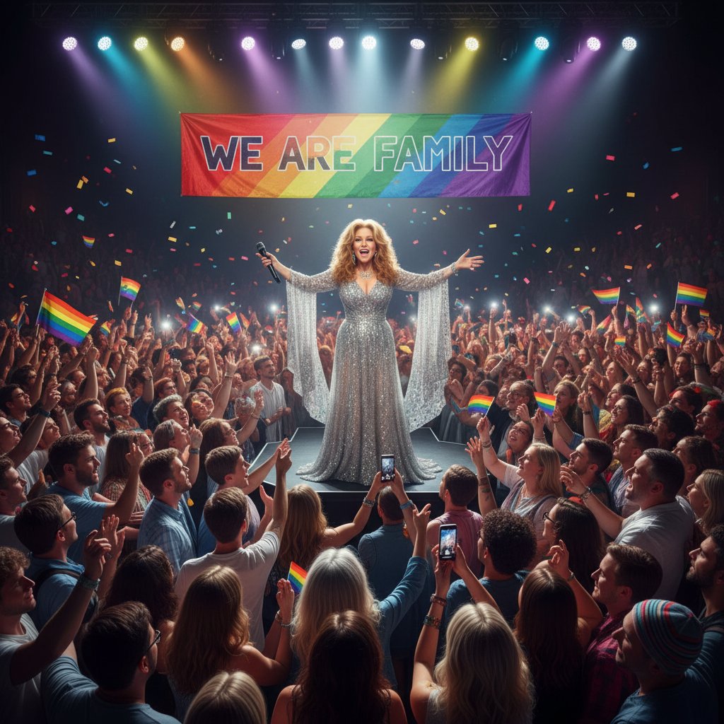 Colorful, narrative photo of Bette Midler performing to an exuberant crowd, symbolizing the strong bond between her movies and LGBTQ+ fans