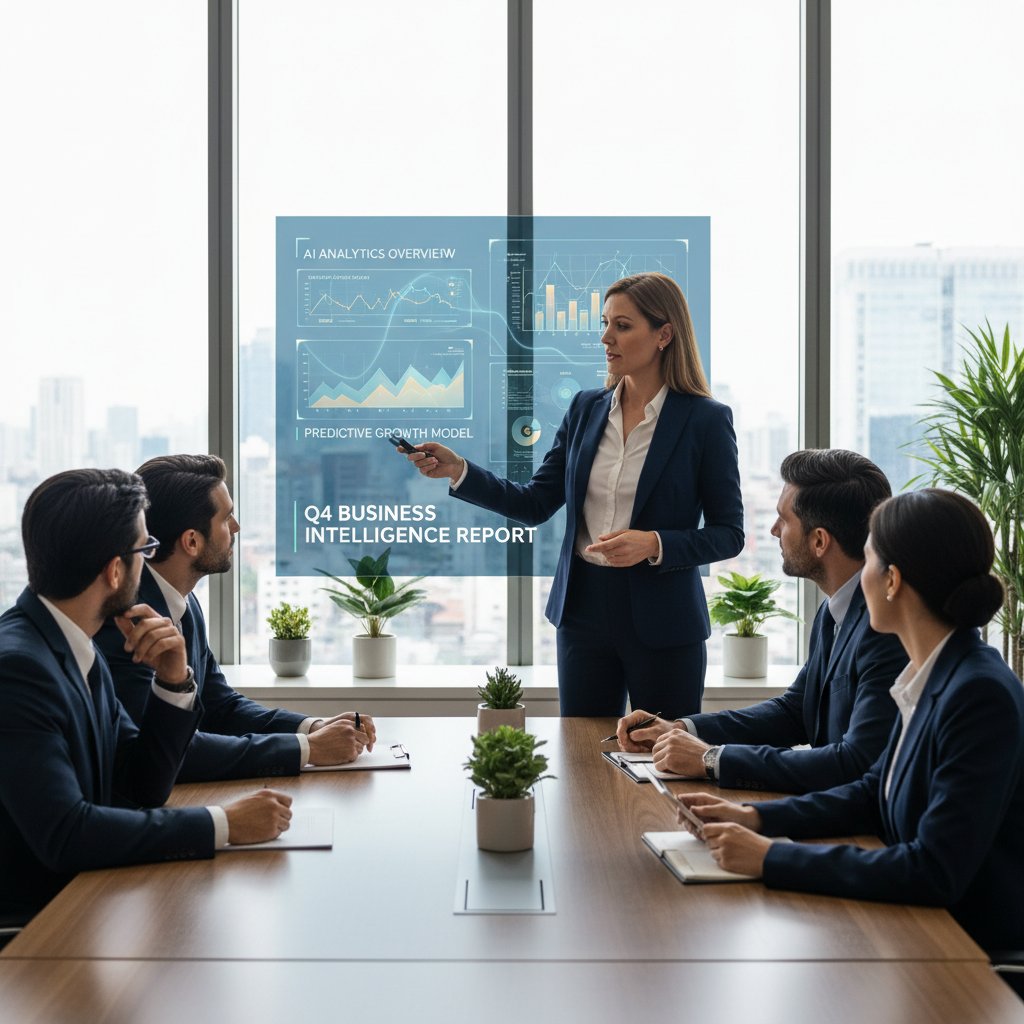 Specjalista BI prezentuje raport wygenerowany przez AI, grupa słucha z zainteresowaniem