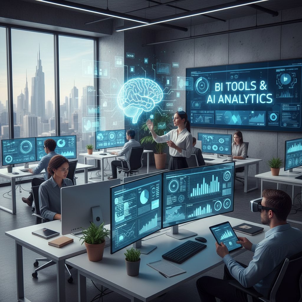 Zespół korzysta z nowoczesnych narzędzi BI i wirtualnego analityka AI w jasnym, przestronnym biurze