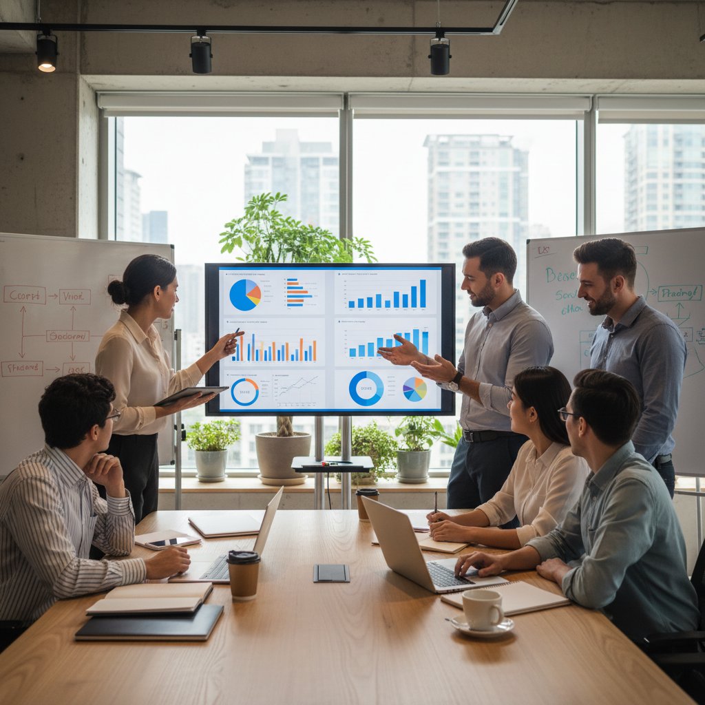 Zespół przy komputerach, ekrany z różnymi narzędziami BI, burzliwa dyskusja