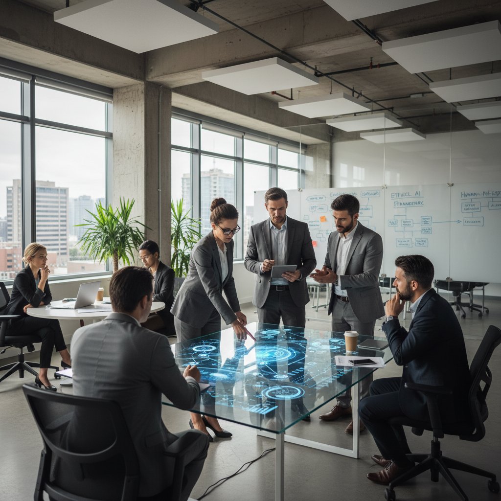 Two professionals debating biased AI document analysis results in a modern office